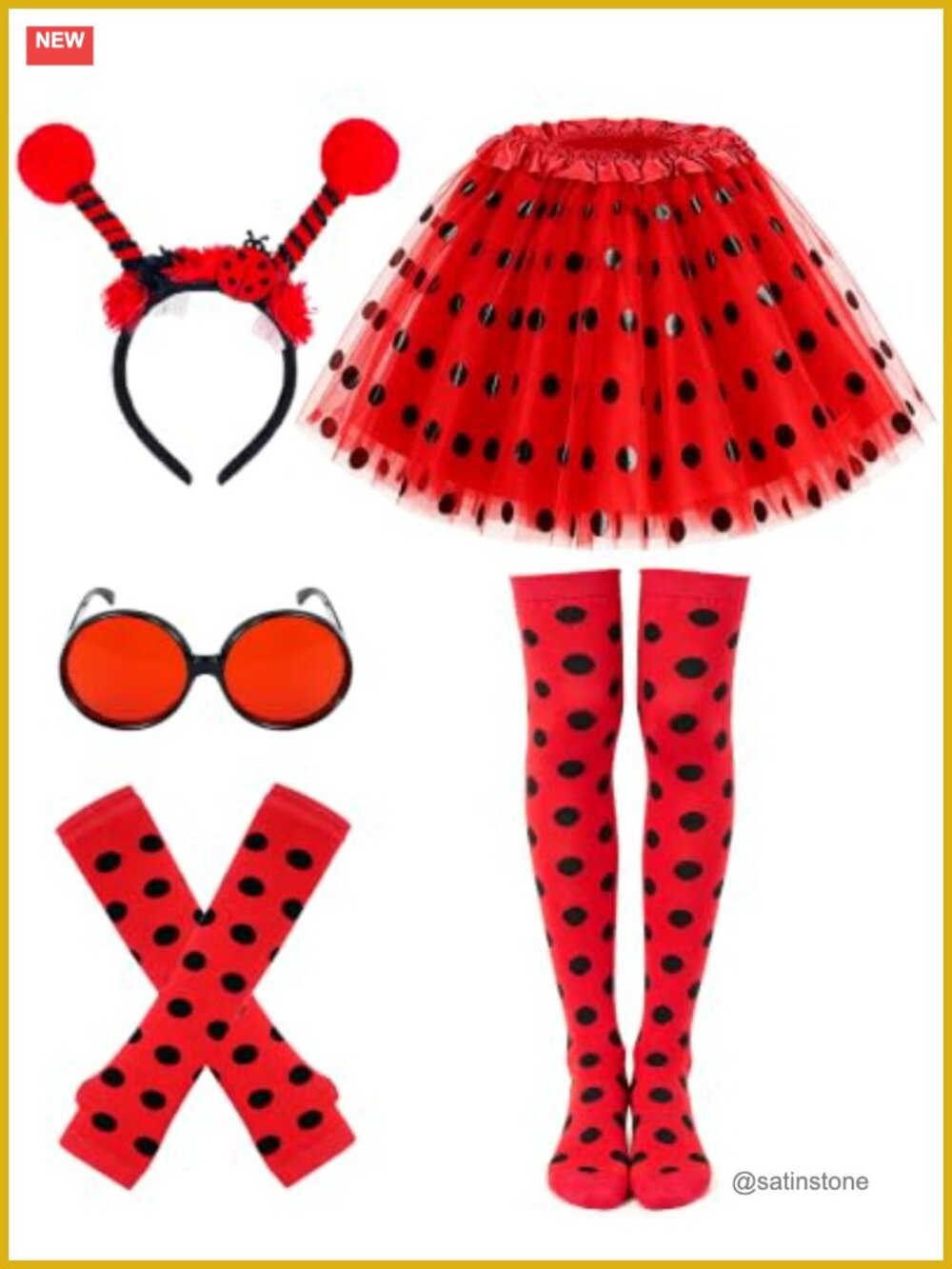 5 Pc Ladybug Costume Set Tutu Antenna Headband Socks Glasses